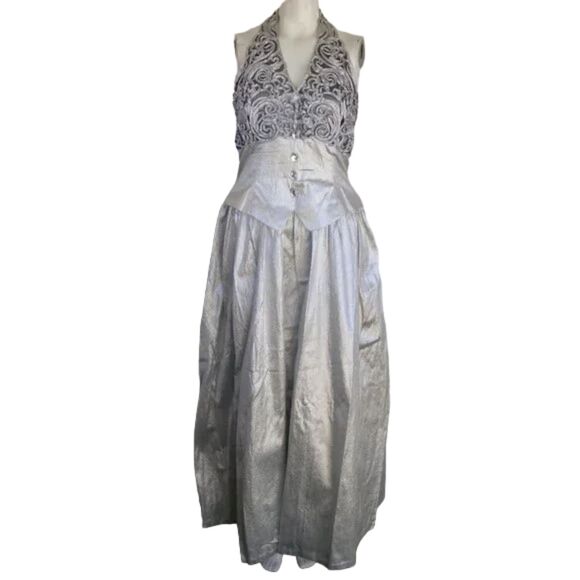 JESSICA McCLINTOCK Gown/Dress, XS/S, Silver Lame, Halter, Embellished Bustline - Picture 9 of 14